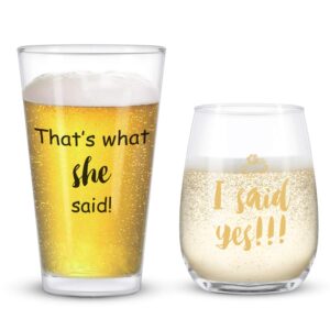 i said yes wine glass that's what she said beer glass, engagement glass set for him, her, wedding, bridal shower