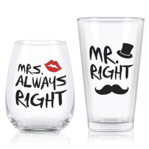 mr. right and mrs. always right wine glass and beer glass set, glass set for engagement wedding anniversary, couples newlyweds wife husband mr and mrs