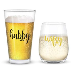 wifey hubby stemless wine glass and beer glass, couple glasses for couples newlyweds wife and husband mr and mrs, idea for wedding bridal shower engagement party anniversary valentine’s day