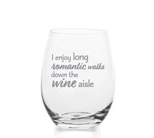 lushy wino – i enjoy long romantic walks down the wine aisle – cute, novelty, etched stemless 18-ounce wine glass with funny sayings in gift box