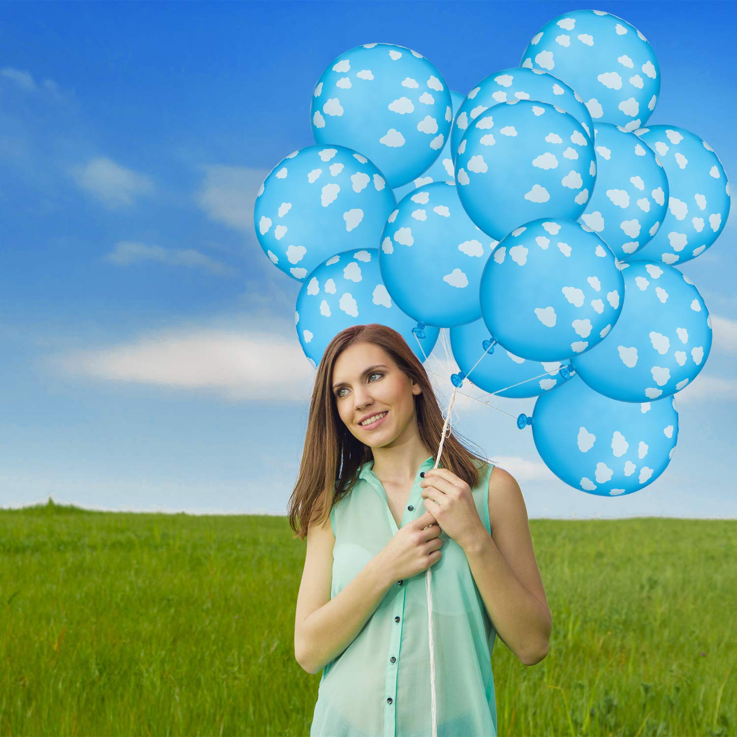 36 Pieces Blue Cloud Latex Balloons Mid Blue with Clouds Matte Balloons 12 Inches Cloud Print Light Blue Balloons for Baby Shower Boys Girls Birthday Party Supplies