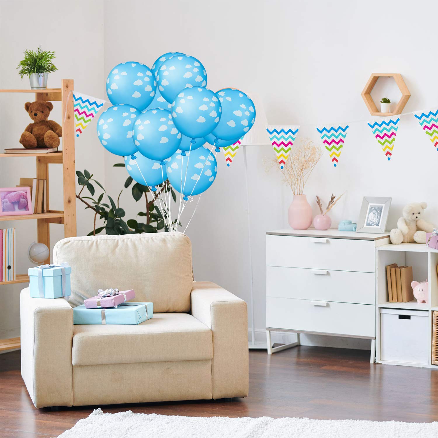 36 Pieces Blue Cloud Latex Balloons Mid Blue with Clouds Matte Balloons 12 Inches Cloud Print Light Blue Balloons for Baby Shower Boys Girls Birthday Party Supplies