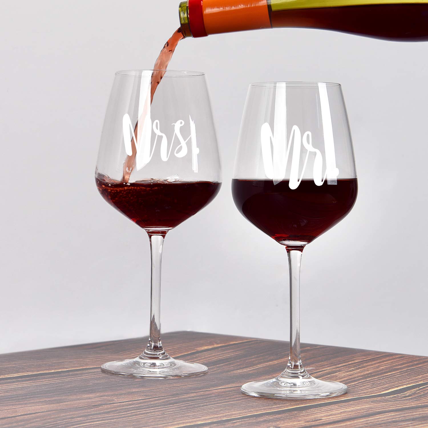 Mr and Mrs Wine Glass Set for Couple- Unique Engagement, Anniversary, Newlyweds, Wedding Gifts for Her, Bride & Groom, Bridal Shower Gifts- FREE Wine Stopper, Bottle Open, Glass Marker & Decanter