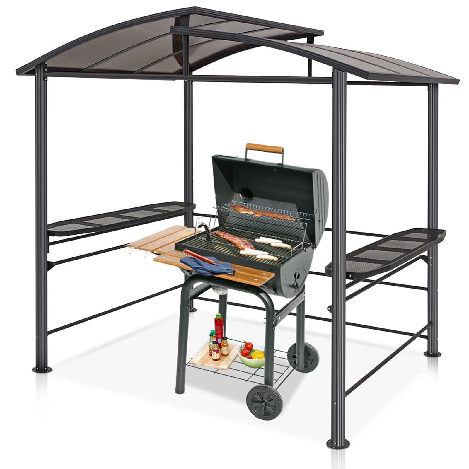 COOS Bay 8x5 BBQ Grill Gazebo Outdoor Backyard Steel Frame Double-Tier Polycarbonate Top Canopy with Shelves Serving Tables