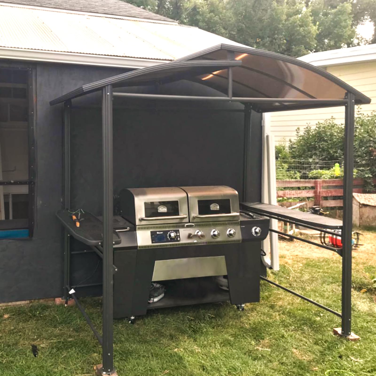 COOS Bay 8x5 BBQ Grill Gazebo Outdoor Backyard Steel Frame Double-Tier Polycarbonate Top Canopy with Shelves Serving Tables