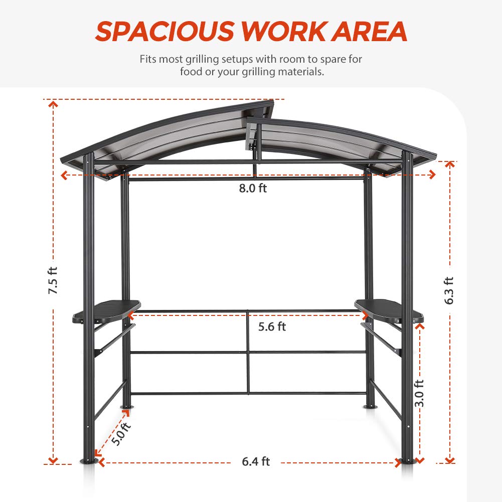 COOS Bay 8x5 BBQ Grill Gazebo Outdoor Backyard Steel Frame Double-Tier Polycarbonate Top Canopy with Shelves Serving Tables