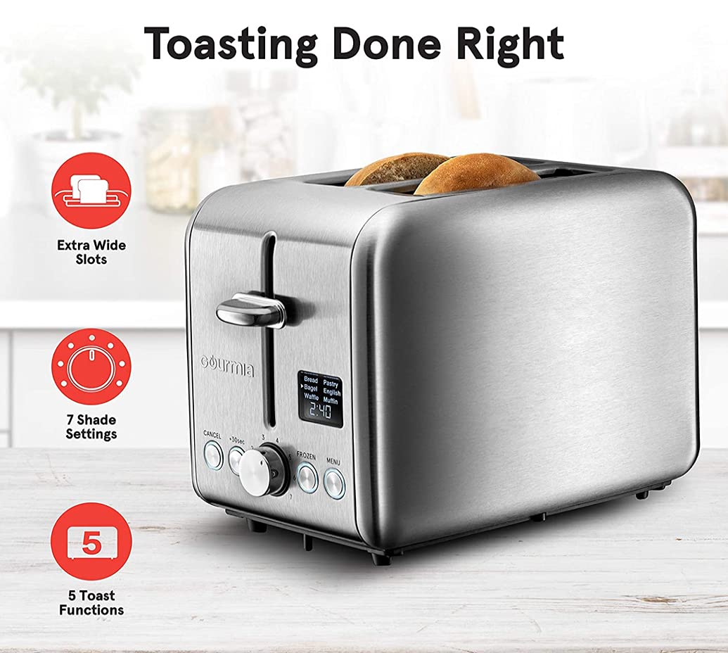 Gourmia Digital Toaster with 5 Toast Functions, Including Waffle, English Muffin and Pastry, 7 Shade Settings, Rapid Reheat Mode and Extra Wide Slots - Stainless Steel GDT2445 (Brushed Stainless)