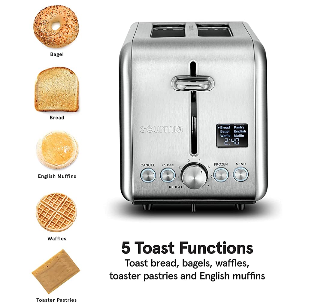 Gourmia Digital Toaster with 5 Toast Functions, Including Waffle, English Muffin and Pastry, 7 Shade Settings, Rapid Reheat Mode and Extra Wide Slots - Stainless Steel GDT2445 (Brushed Stainless)