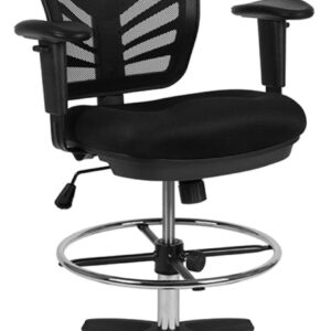 Flash Furniture Tyler Mid-Back Black Mesh Ergonomic Drafting Chair with Adjustable Chrome Foot Ring, Adjustable Arms and Black Frame