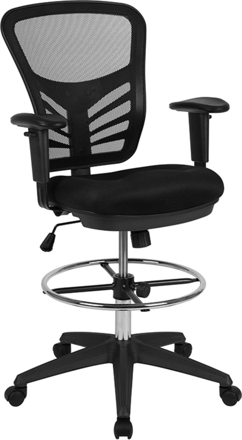 Flash Furniture Tyler Mid-Back Black Mesh Ergonomic Drafting Chair with Adjustable Chrome Foot Ring, Adjustable Arms and Black Frame