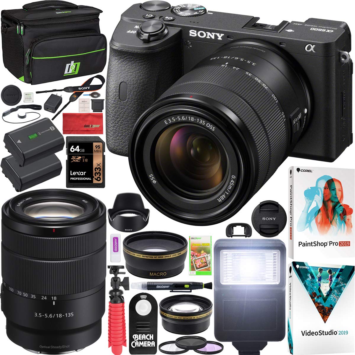 Sony a6600 Mirrorless Camera 4K APS-C ILCE-6600MB with 18-135mm F3.5-5.6 OSS Lens Kit and Deco Gear Case + Extra Battery + Flash + Wide Angle & Telephoto Lens + Filter Kit + 64GB Accessories Bundle