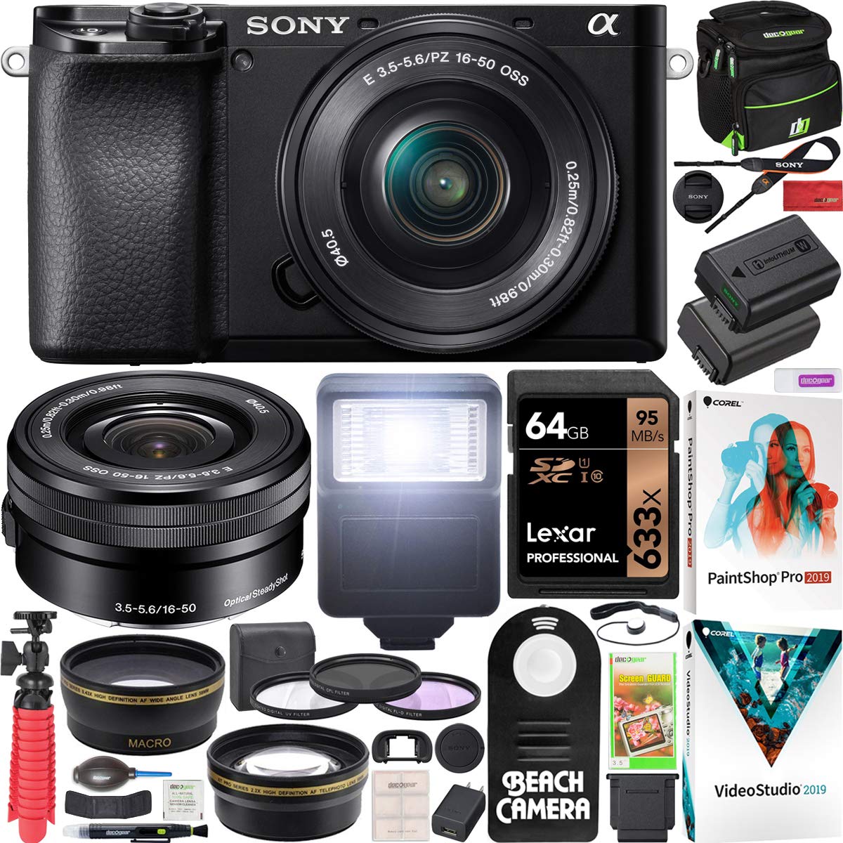 Sony a6100 Mirrorless Camera 4K APS-C ILCE-6100LB with 16-50mm F3.5-5.6 OSS Lens Kit and Deco Gear Case + Extra Battery + Flash + Wide Angle & Telephoto Lens + Filter Kit + 64GB Accessories Bundle