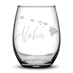 aloha wine glass etched gift laser engraved hawaiian hawaii islands stemless - 17 oz