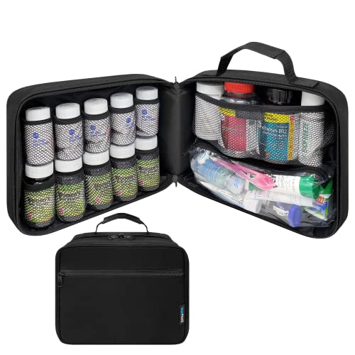 StarPlus2 Large Padded Pill Bottle Organizer, Medicine Bag, Case, Carrier for Medications, Vitamins, and Medical Supplies with Fixed Pockets - Home Storage and Travel - Black (Without Lock)