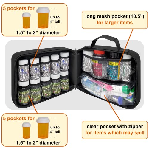 StarPlus2 Large Padded Pill Bottle Organizer, Medicine Bag, Case, Carrier for Medications, Vitamins, and Medical Supplies with Fixed Pockets - Home Storage and Travel - Black (Without Lock)