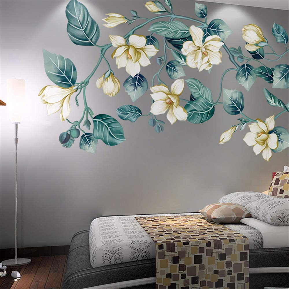 Amaonm Removable DIY 3D Blue Flower Vine White Floral Leaf Art Decor Kids Room Wall Sticker Girls Teens Bedroom Living Room Wall Decals Nursery Rooms Walls Mural Peel Stick Decor 4 Sheets of 12"x18"