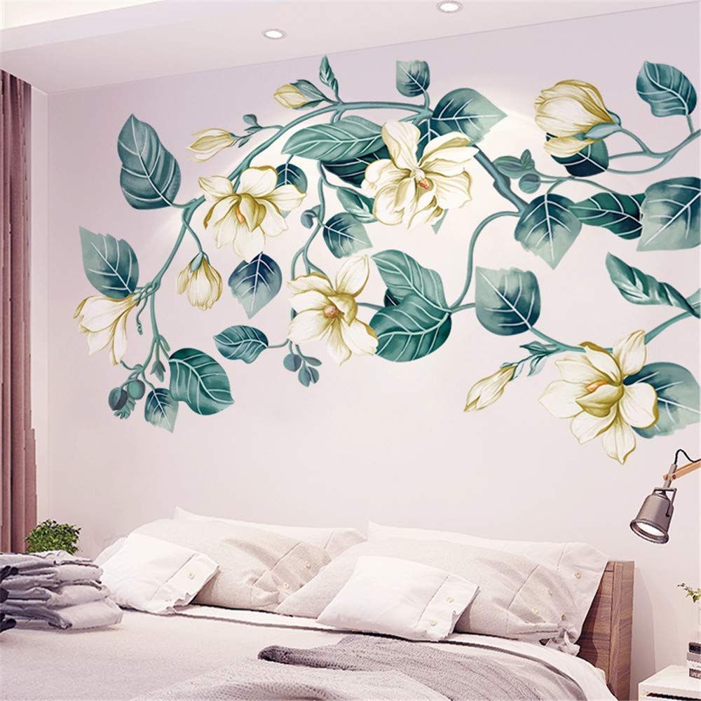 Amaonm Removable DIY 3D Blue Flower Vine White Floral Leaf Art Decor Kids Room Wall Sticker Girls Teens Bedroom Living Room Wall Decals Nursery Rooms Walls Mural Peel Stick Decor 4 Sheets of 12"x18"