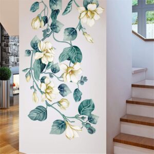 Amaonm Removable DIY 3D Blue Flower Vine White Floral Leaf Art Decor Kids Room Wall Sticker Girls Teens Bedroom Living Room Wall Decals Nursery Rooms Walls Mural Peel Stick Decor 4 Sheets of 12"x18"