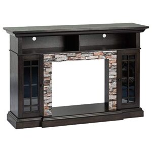 e-flame usa whistler large mantel electric fireplace stove tv stand with media shelves - faux stone dark oak - 66"x43"