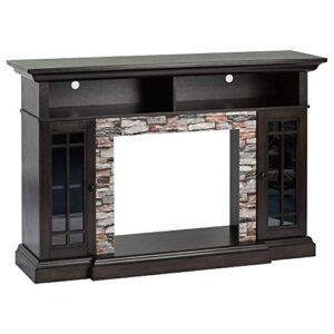 e-Flame USA Whistler Large Mantel Electric Fireplace Stove TV Stand with Media Shelves - Faux Stone Dark Oak - 66"x43"