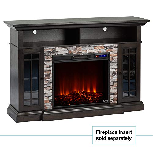 e-Flame USA Whistler Large Mantel Electric Fireplace Stove TV Stand with Media Shelves - Faux Stone Dark Oak - 66"x43"