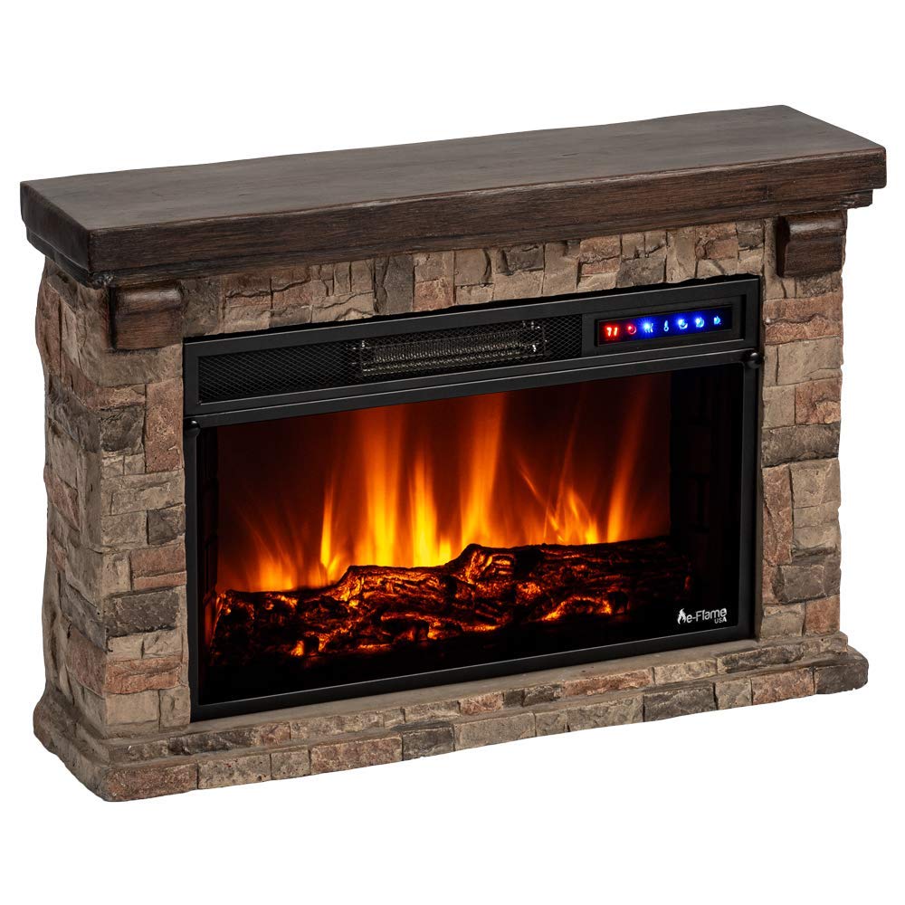 e-Flame USA Telluride Small LED Electric Fireplace Stove with Faux Wood and Stone Mantel - Remote - 3D Log and Fire - Improved Packaging for 2022, 33" Wide x 22" Tall