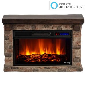 e-Flame USA Telluride Small LED Electric Fireplace Stove with Faux Wood and Stone Mantel - Remote - 3D Log and Fire - Improved Packaging for 2022, 33" Wide x 22" Tall