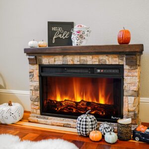 e-Flame USA Telluride Small LED Electric Fireplace Stove with Faux Wood and Stone Mantel - Remote - 3D Log and Fire - Improved Packaging for 2022, 33" Wide x 22" Tall