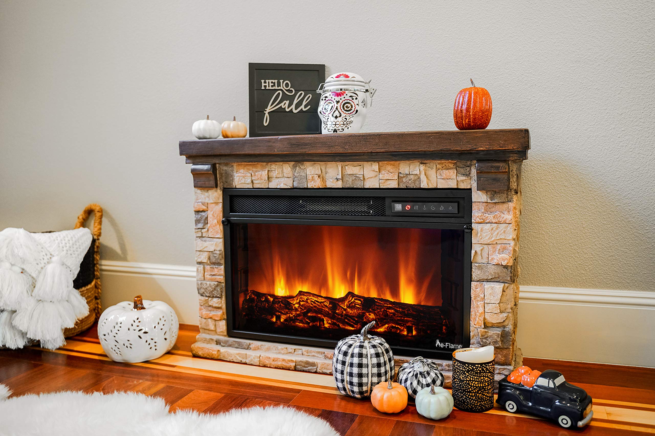 e-Flame USA Telluride Small LED Electric Fireplace Stove with Faux Wood and Stone Mantel - Remote - 3D Log and Fire - Improved Packaging for 2022, 33" Wide x 22" Tall