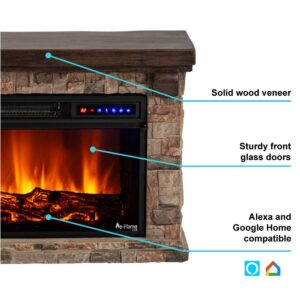 e-Flame USA Telluride Small LED Electric Fireplace Stove with Faux Wood and Stone Mantel - Remote - 3D Log and Fire - Improved Packaging for 2022, 33" Wide x 22" Tall