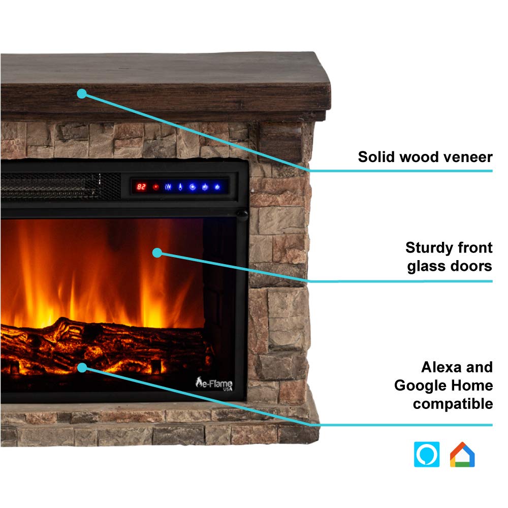 e-Flame USA Telluride Small LED Electric Fireplace Stove with Faux Wood and Stone Mantel - Remote - 3D Log and Fire - Improved Packaging for 2022, 33" Wide x 22" Tall