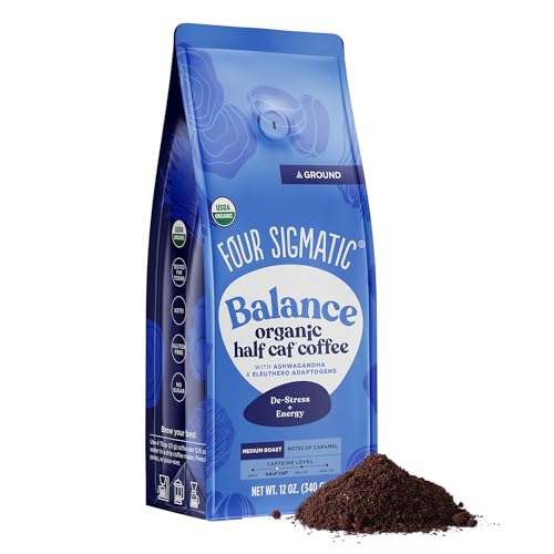 Four Sigmatic Organic Balance Adaptogen Ground Coffee | Medium Roast USDA Organic, Fair Trade Coffee with Ashwagandha, Chaga Mushroom, Eleuthero and Tulsi | Focus and Energy Boosting Coffee | 12oz Bag