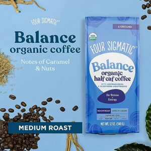 Four Sigmatic Organic Balance Adaptogen Ground Coffee | Medium Roast USDA Organic, Fair Trade Coffee with Ashwagandha, Chaga Mushroom, Eleuthero and Tulsi | Focus and Energy Boosting Coffee | 12oz Bag