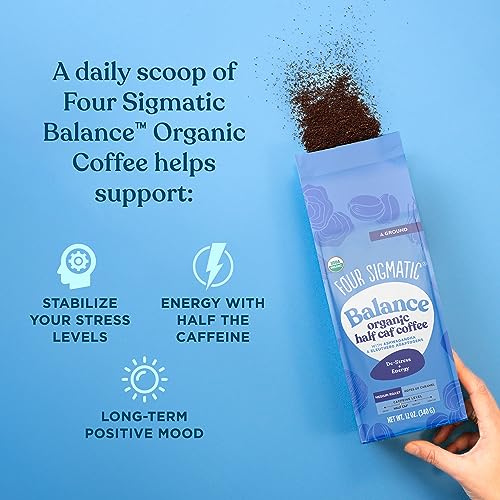 Four Sigmatic Organic Balance Adaptogen Ground Coffee | Medium Roast USDA Organic, Fair Trade Coffee with Ashwagandha, Chaga Mushroom, Eleuthero and Tulsi | Focus and Energy Boosting Coffee | 12oz Bag