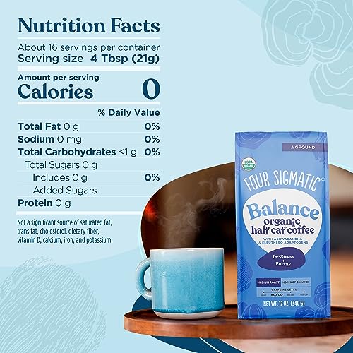 Four Sigmatic Organic Balance Adaptogen Ground Coffee | Medium Roast USDA Organic, Fair Trade Coffee with Ashwagandha, Chaga Mushroom, Eleuthero and Tulsi | Focus and Energy Boosting Coffee | 12oz Bag