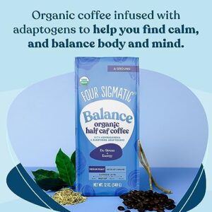 Four Sigmatic Organic Balance Adaptogen Ground Coffee | Medium Roast USDA Organic, Fair Trade Coffee with Ashwagandha, Chaga Mushroom, Eleuthero and Tulsi | Focus and Energy Boosting Coffee | 12oz Bag