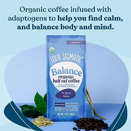 Four Sigmatic Organic Balance Adaptogen Ground Coffee | Medium Roast USDA Organic, Fair Trade Coffee with Ashwagandha, Chaga Mushroom, Eleuthero and Tulsi | Focus and Energy Boosting Coffee | 12oz Bag