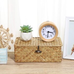 Vosarea Rattan Storage Basket,Straw Seaweed Basket, Hand-Woven Storage Basket Multipurpose Container with Lid for Desktop Home Decor (9inch)