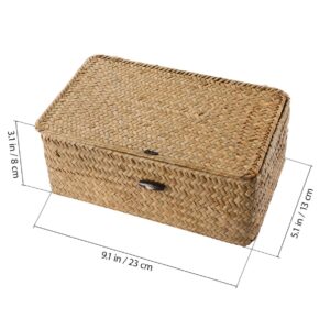 Vosarea Rattan Storage Basket,Straw Seaweed Basket, Hand-Woven Storage Basket Multipurpose Container with Lid for Desktop Home Decor (9inch)