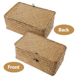 Vosarea Rattan Storage Basket,Straw Seaweed Basket, Hand-Woven Storage Basket Multipurpose Container with Lid for Desktop Home Decor (9inch)