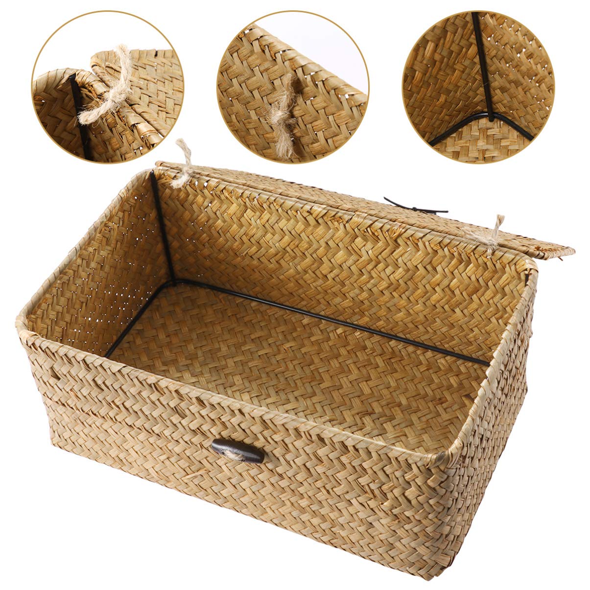 Vosarea Rattan Storage Basket,Straw Seaweed Basket, Hand-Woven Storage Basket Multipurpose Container with Lid for Desktop Home Decor (9inch)