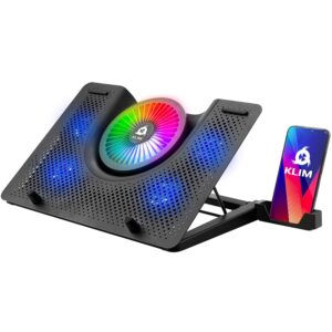 klim nova rgb laptop cooling pad - new - gaming laptop cooler with phone holder - quiet laptop stand with fan - compatible up to 17"- ventilador para laptop - 5-year warranty - mac ps5 ps4 xbox one