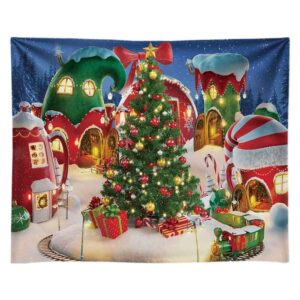 Funnytree 10x8FT Cartoon Christmas Village Photography Backdrop Winter Cabin Snow Pine Tree Background Xmas Fairy Tale Animated Kid Ice Party Photo Booth Banner Supplies Durable Soft Fabric