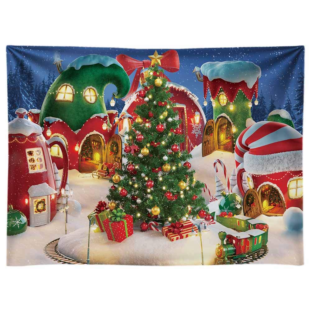 Funnytree 8x6FT Cartoon Christmas Village Photography Backdrop Winter Cabin Snow Pine Tree Background Xmas Fairy Tale Animated Kid Ice Party Photo Booth Banner Supplies Durable Soft Fabric