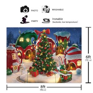 Funnytree 8x6FT Cartoon Christmas Village Photography Backdrop Winter Cabin Snow Pine Tree Background Xmas Fairy Tale Animated Kid Ice Party Photo Booth Banner Supplies Durable Soft Fabric