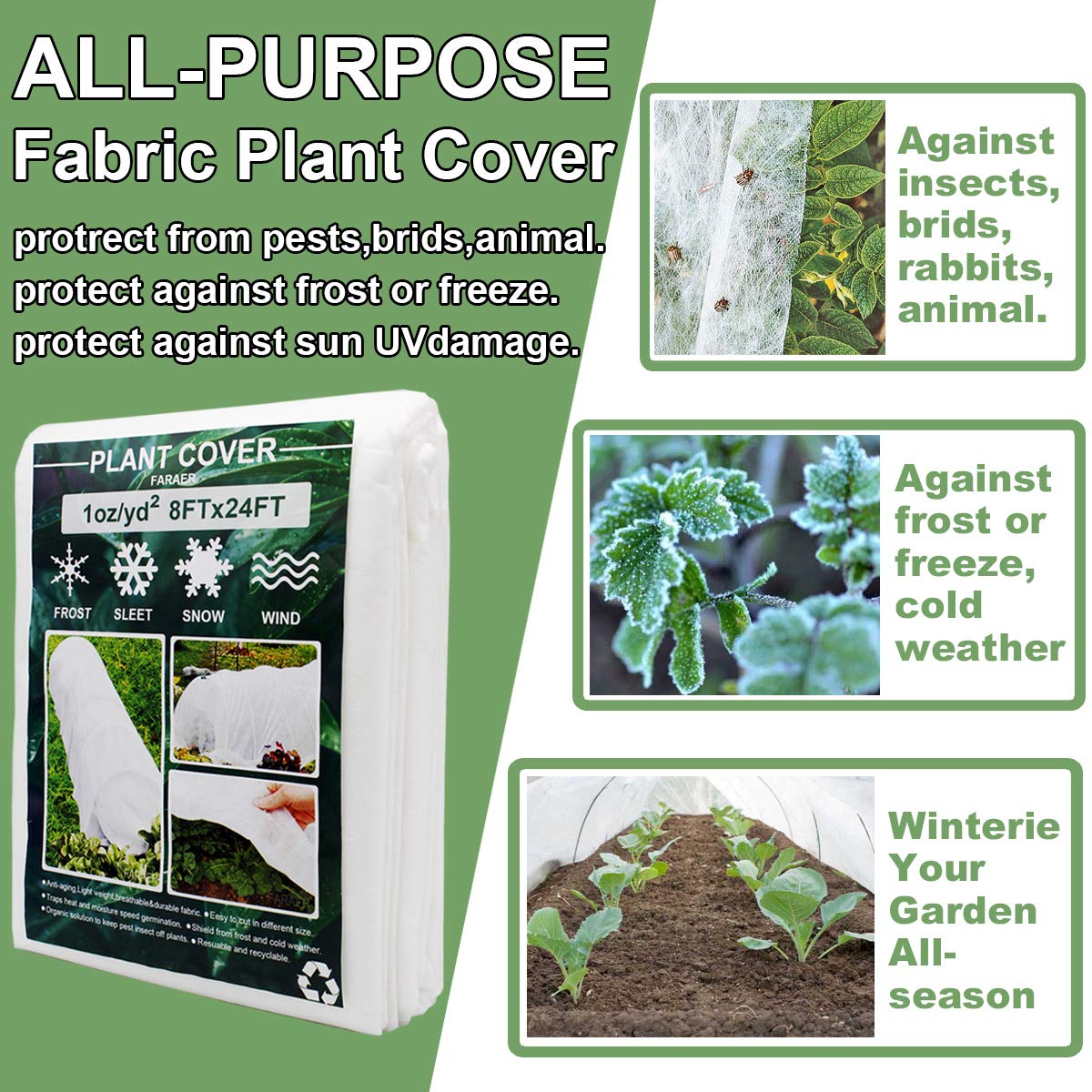 Plant Covers, 8Ft x 24Ft Reusable Floating Row Cover, 1oz Freeze Protection Plant Blankets for Cold Weather, Garden Winterize Cover for Winter Frost Protection, Thickened 1 oz Garden Quilt Cover
