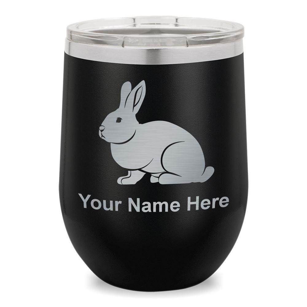 LaserGram Double Wall Stainless Steel Wine Glass Tumbler, Rabbit, Personalized Engraving Included (Black)