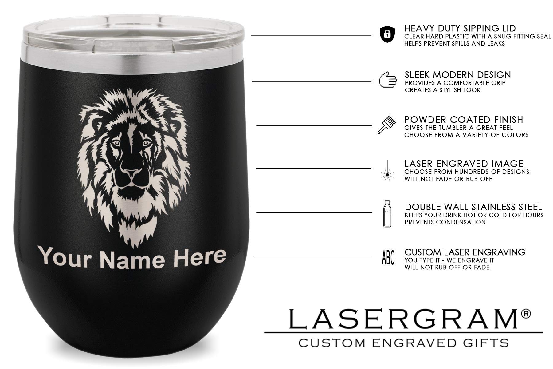 LaserGram Double Wall Stainless Steel Wine Glass Tumbler, Rabbit, Personalized Engraving Included (Black)