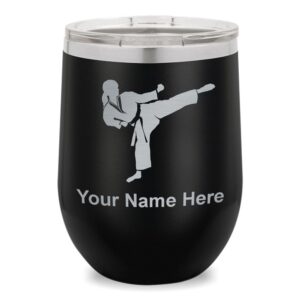 lasergram double wall stainless steel wine glass tumbler, karate woman, personalized engraving included (black)