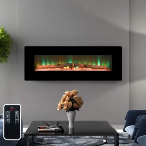 top space wall mount fireplace 48 inch electric fireplace with remote control timer, adjustable log or crystal flame, 1500w, black